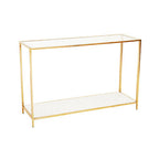 Glass Top Console Table with White Terrazzo Effect Shelf and Gold Metal Frame | Novi