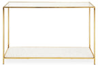 Glass Top Console Table with White Terrazzo Effect Shelf and Gold Metal Frame | Novi