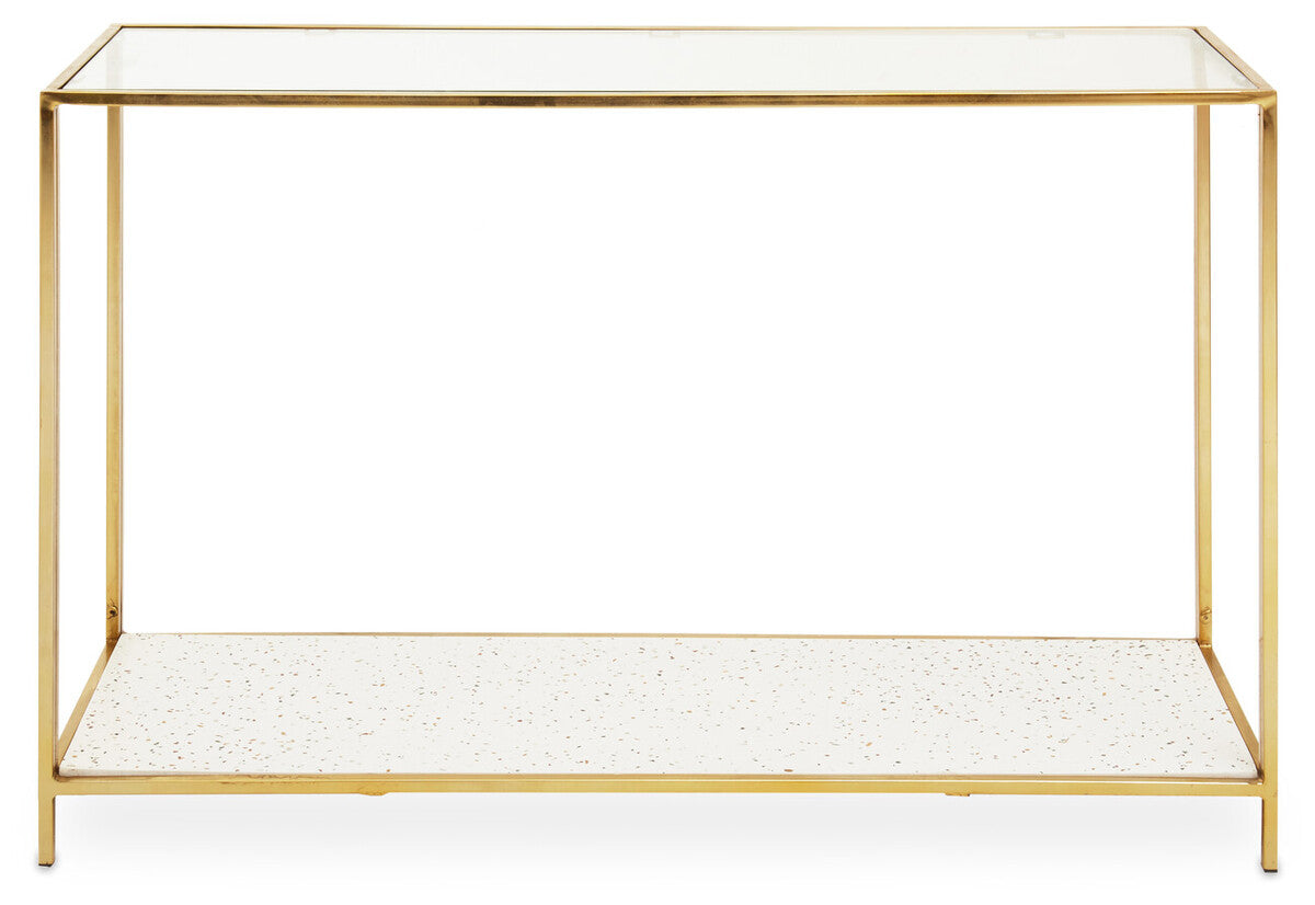 Glass Top Console Table with White Terrazzo Effect Shelf and Gold Metal Frame | Novi