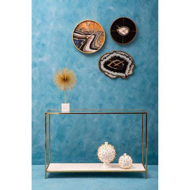 Glass Top Console Table with White Terrazzo Effect Shelf and Gold Metal Frame | Novi