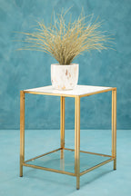 Glass Top Side Table with White Terrazzo Effect Shelf and Gold Metal Frame | Novi