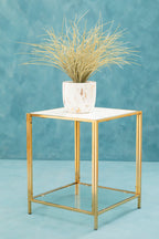 Glass Top Side Table with White Terrazzo Effect Shelf and Gold Metal Frame | Novi
