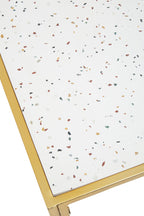 Glass Top Side Table with White Terrazzo Effect Shelf and Gold Metal Frame | Novi