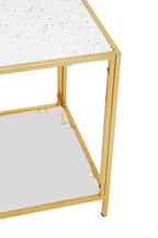 Glass Top Side Table with White Terrazzo Effect Shelf and Gold Metal Frame | Novi