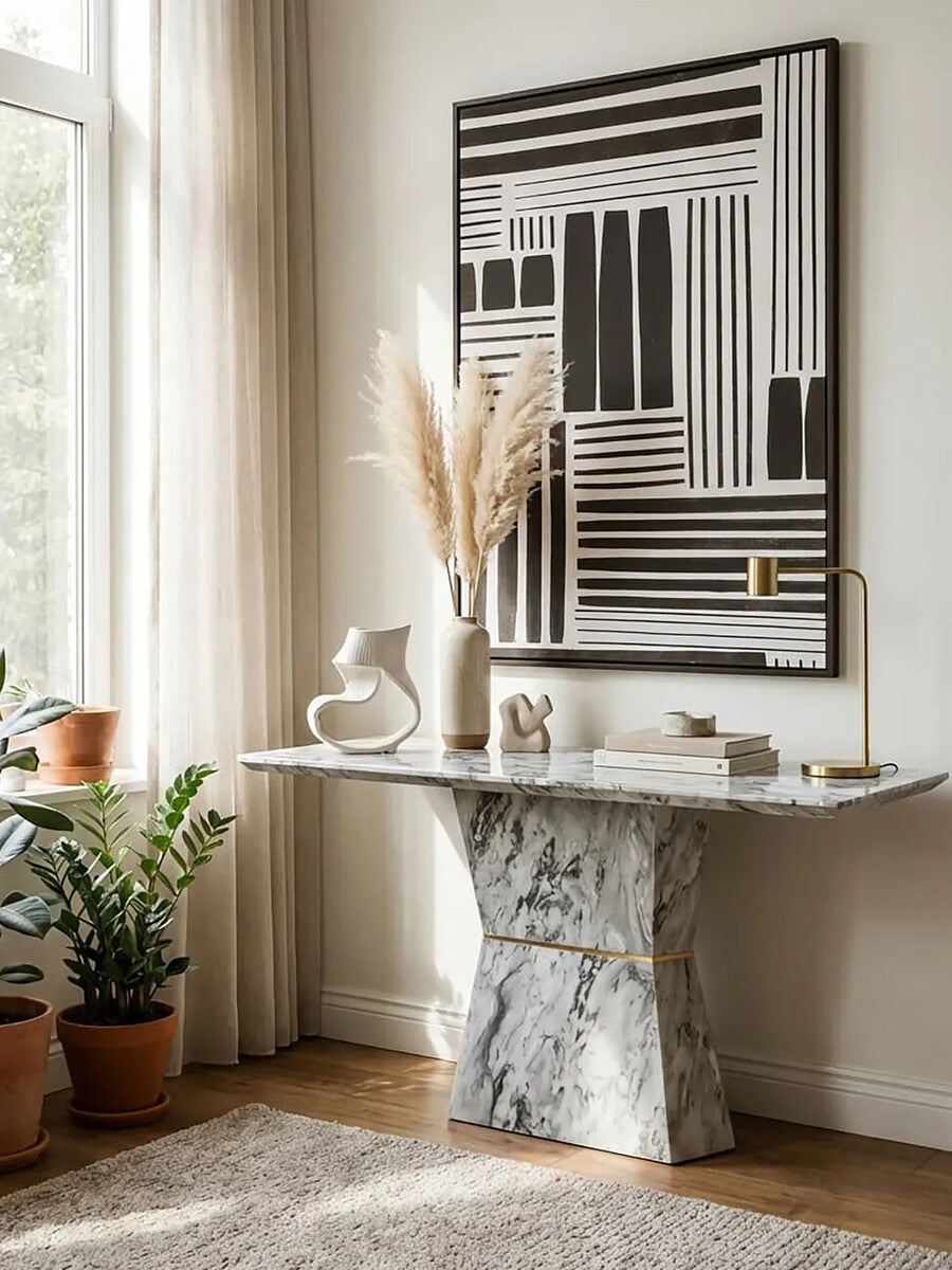 Grey Marble Console Table with Multifaceted Base | Spezia