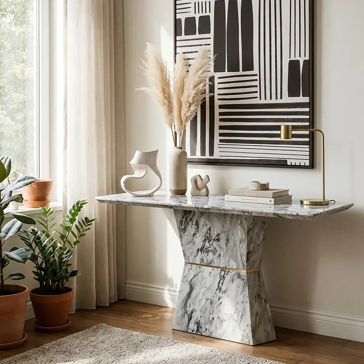 Grey Marble Console Table with Multifaceted Base | Spezia