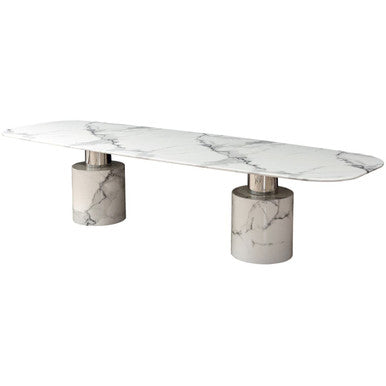 White Marble Dining Table with Cylindrical Marble Legs and Silver Metal Supports | Sesto