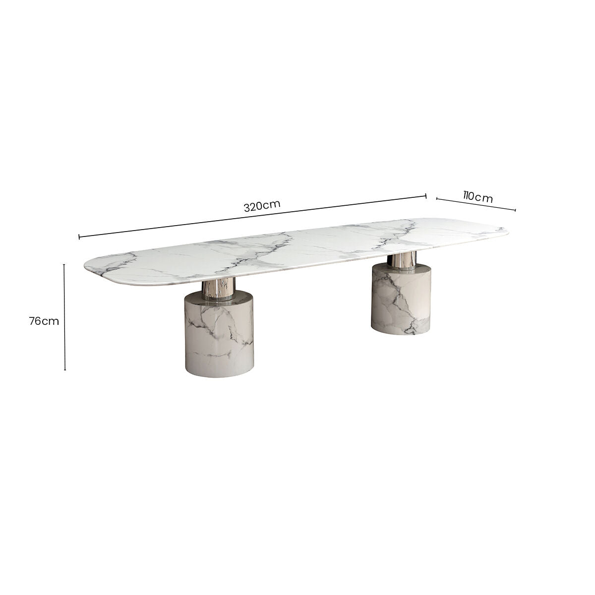 White Marble Dining Table with Cylindrical Marble Legs and Silver Metal Supports | Sesto