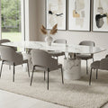 White Marble Dining Table with Cylindrical Marble Legs and Silver Metal Supports | Sesto