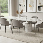 White Marble Dining Table with Cylindrical Marble Legs and Silver Metal Supports | Sesto