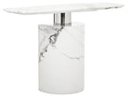 White Marble Console Table with Grey Veining and Stainless Steel Column Base | Sesto