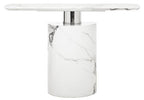 White Marble Console Table with Grey Veining and Stainless Steel Column Base | Sesto