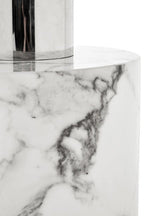 White Marble Console Table with Grey Veining and Stainless Steel Column Base | Sesto