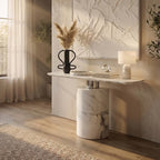 White Marble Console Table with Grey Veining and Stainless Steel Column Base | Sesto