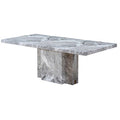 Grey Marble Top Dining Table with Pedestal Base and Stainless Steel Silver Trim | Saronno