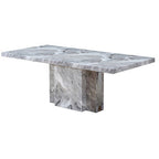 Grey Marble Top Dining Table with Pedestal Base and Stainless Steel Silver Trim | Saronno