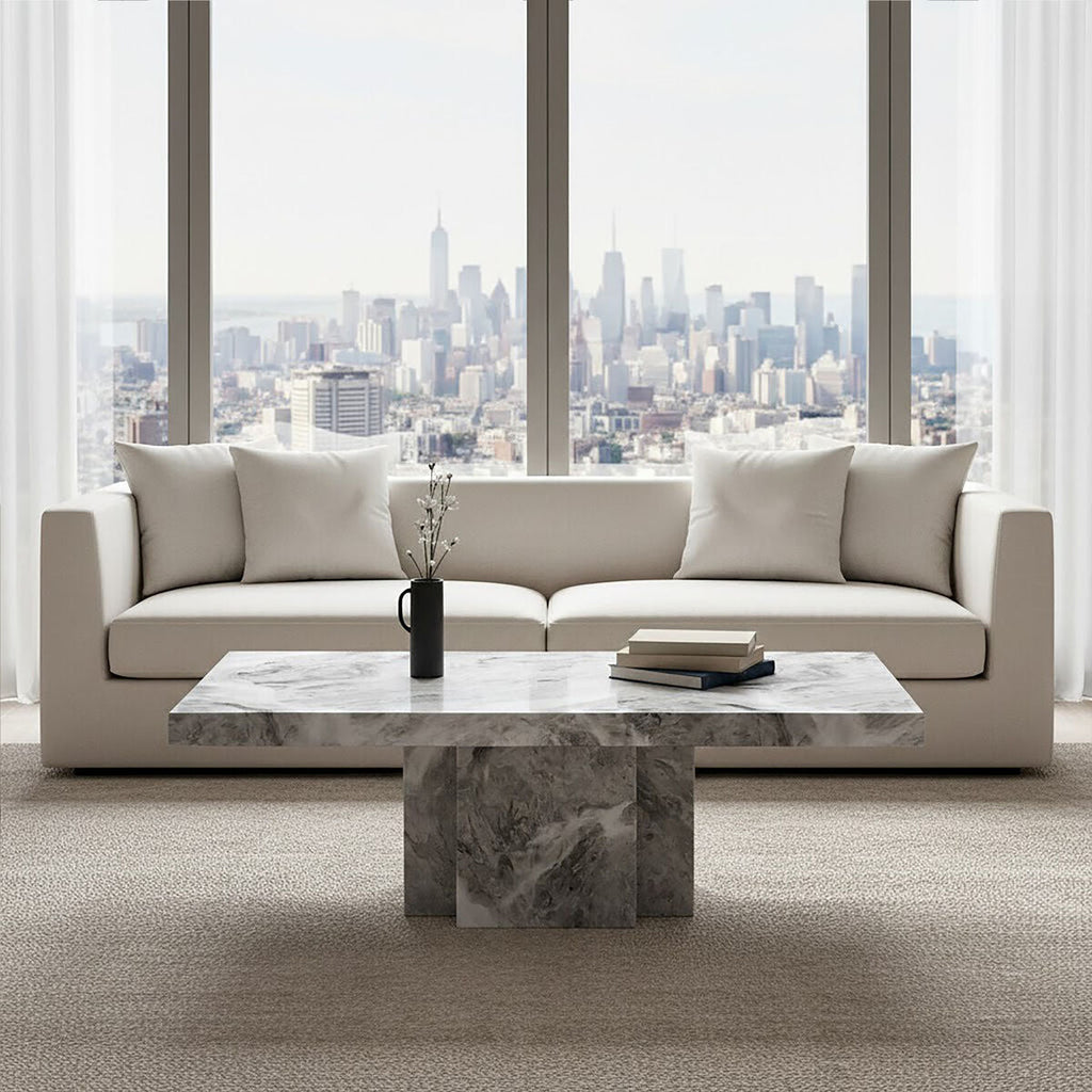 Grey Marble Top Coffee Table with Pedestal Base and Silver Metal Trim | Saronno