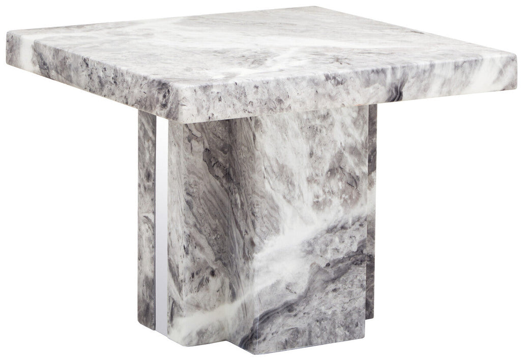Grey Marble Top Side Table with Pedestal Base and Silver Stainless Steel Detailing | Saronno
