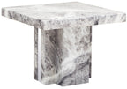 Grey Marble Top Side Table with Pedestal Base and Silver Stainless Steel Detailing | Saronno