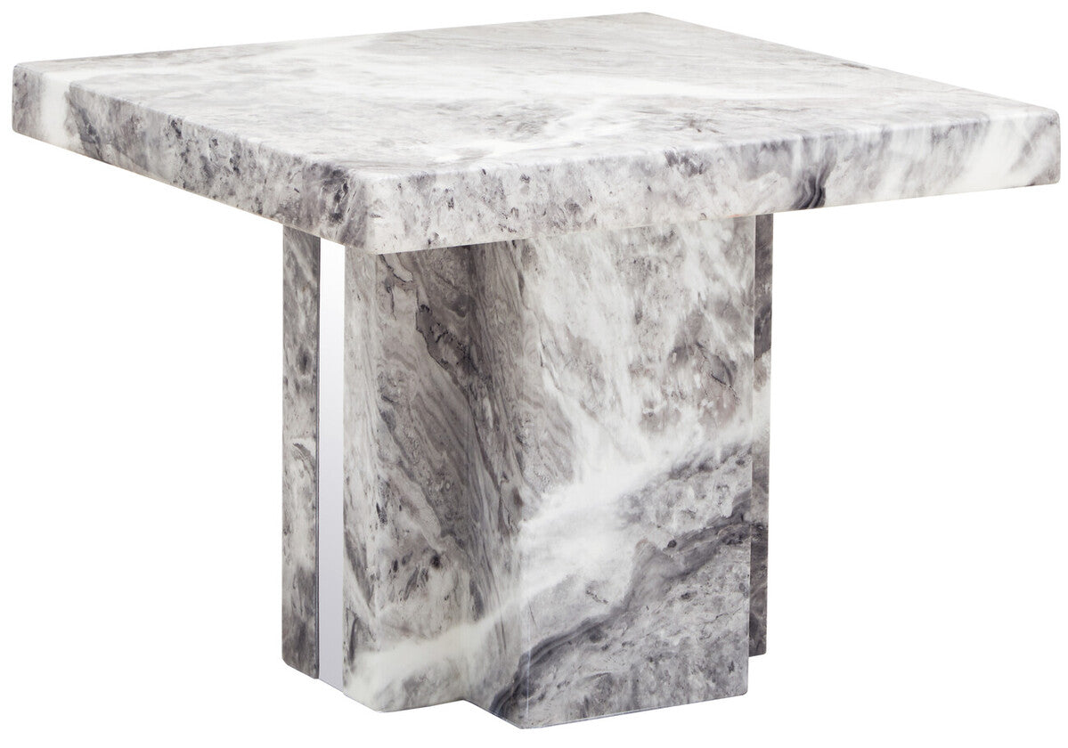 Grey Marble Top Side Table with Pedestal Base and Silver Stainless Steel Detailing | Saronno