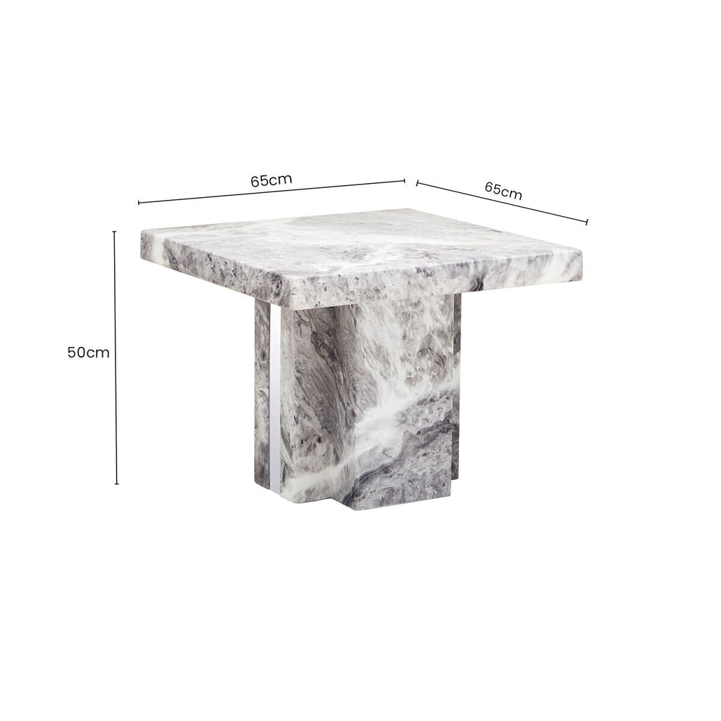 Grey Marble Top Side Table with Pedestal Base and Silver Stainless Steel Detailing | Saronno