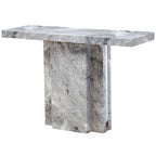 Grey Marble Top Console Table with Pedestal Base and Stainless Steel Silver Trim, Saronno