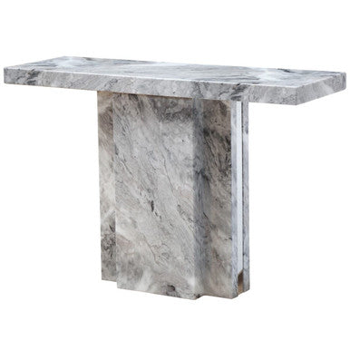 Grey Marble Top Console Table with Pedestal Base and Stainless Steel Silver Trim, Saronno