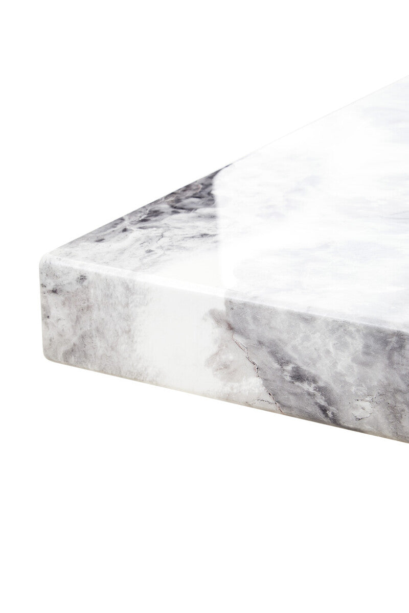 Grey Marble Top Console Table with Pedestal Base and Stainless Steel Silver Trim, Saronno