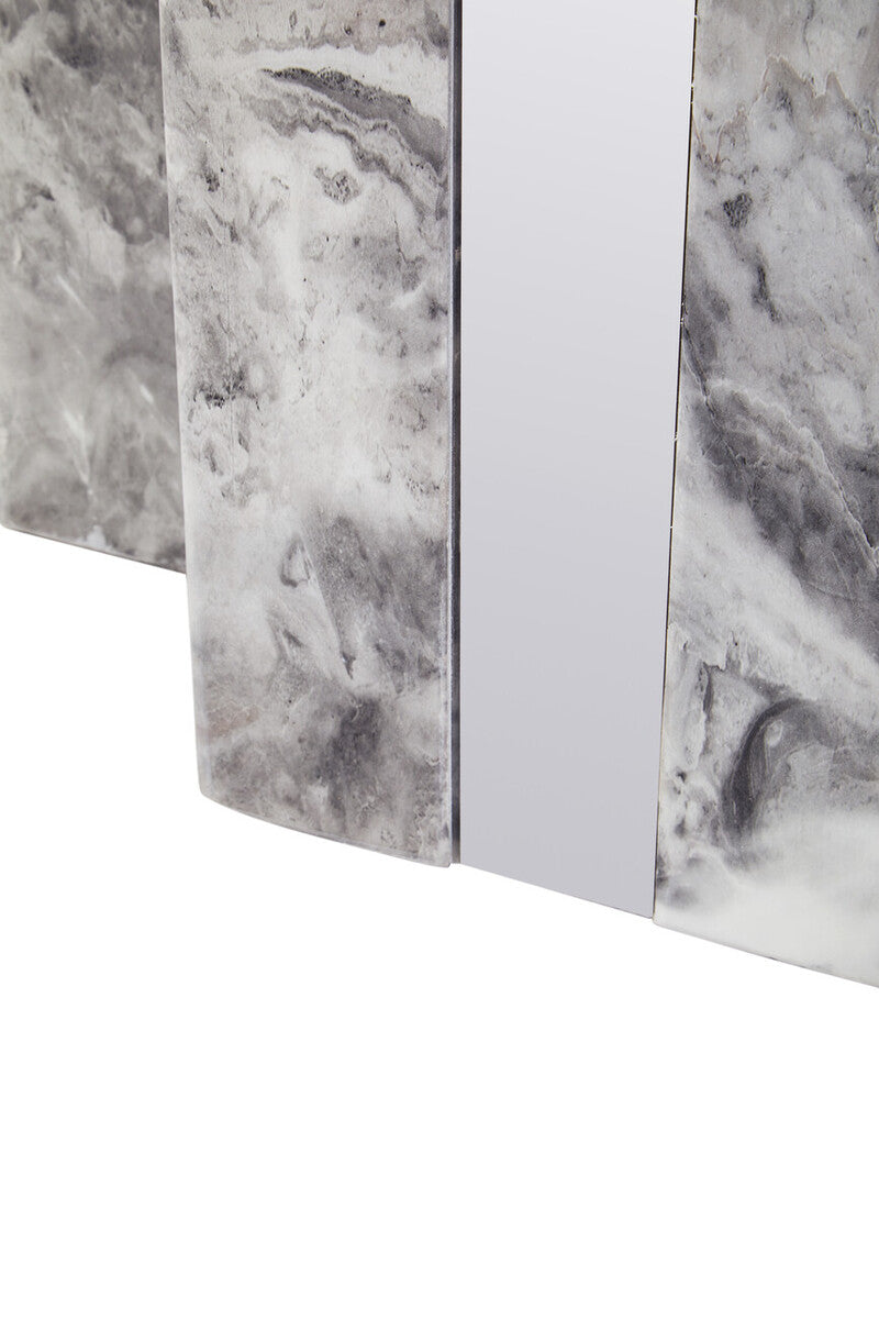 Grey Marble Top Console Table with Pedestal Base and Stainless Steel Silver Trim, Saronno