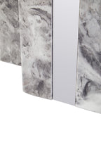 Grey Marble Top Console Table with Pedestal Base and Stainless Steel Silver Trim, Saronno