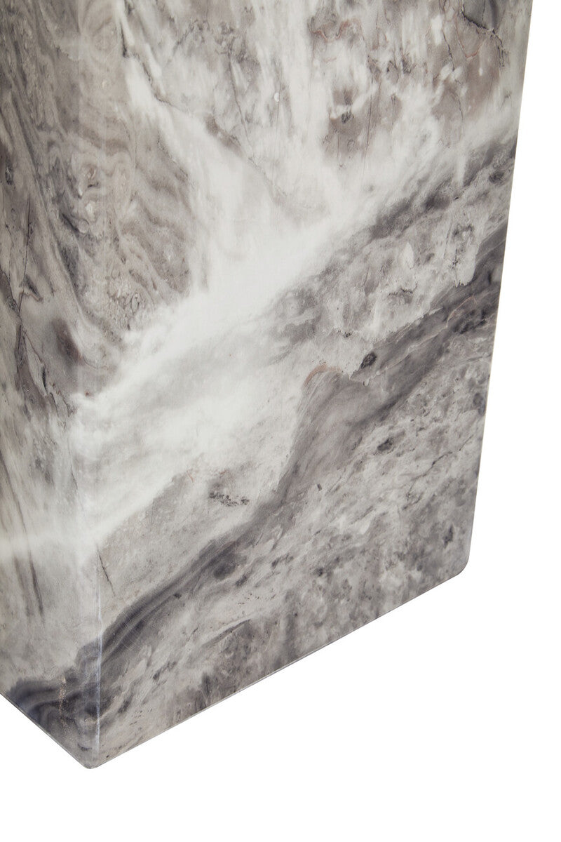 Grey Marble Top Console Table with Pedestal Base and Stainless Steel Silver Trim, Saronno