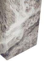 Grey Marble Top Console Table with Pedestal Base and Stainless Steel Silver Trim, Saronno