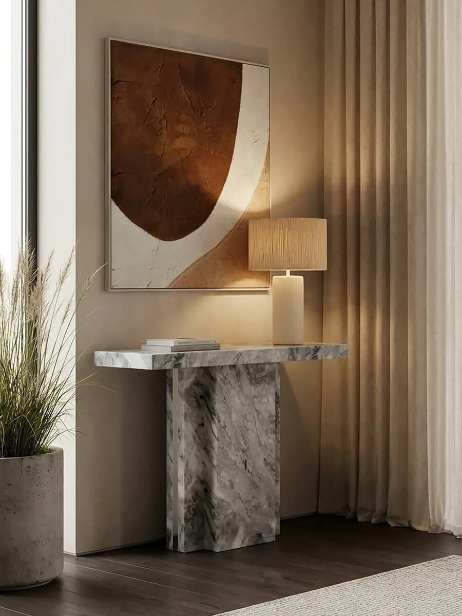 Grey Marble Top Console Table with Pedestal Base and Stainless Steel Silver Trim, Saronno