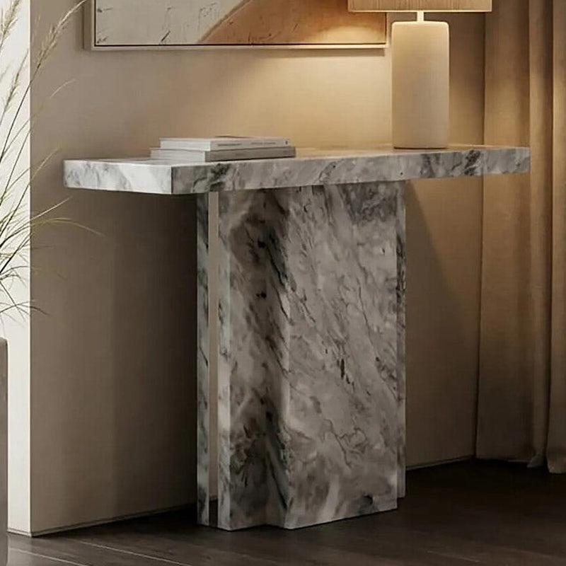 Grey Marble Top Console Table with Pedestal Base and Stainless Steel Silver Trim, Saronno