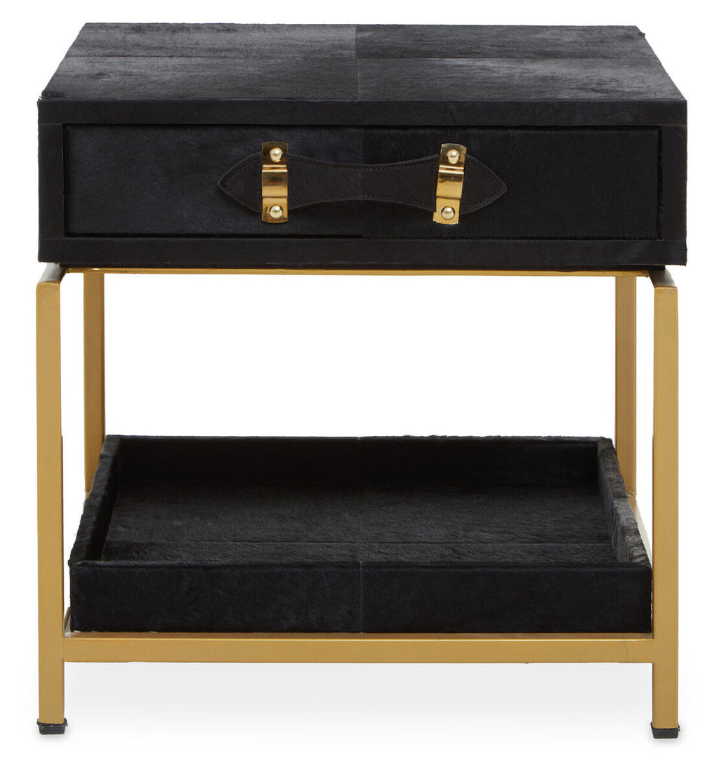 Black Hair-On-Hide Leather Bedside Table with Gold Metal Frame and 1 Drawer | Kensington Townhouse