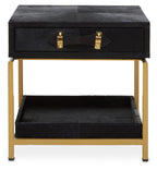 Black Hair-On-Hide Leather Bedside Table with Gold Metal Frame and 1 Drawer | Kensington Townhouse
