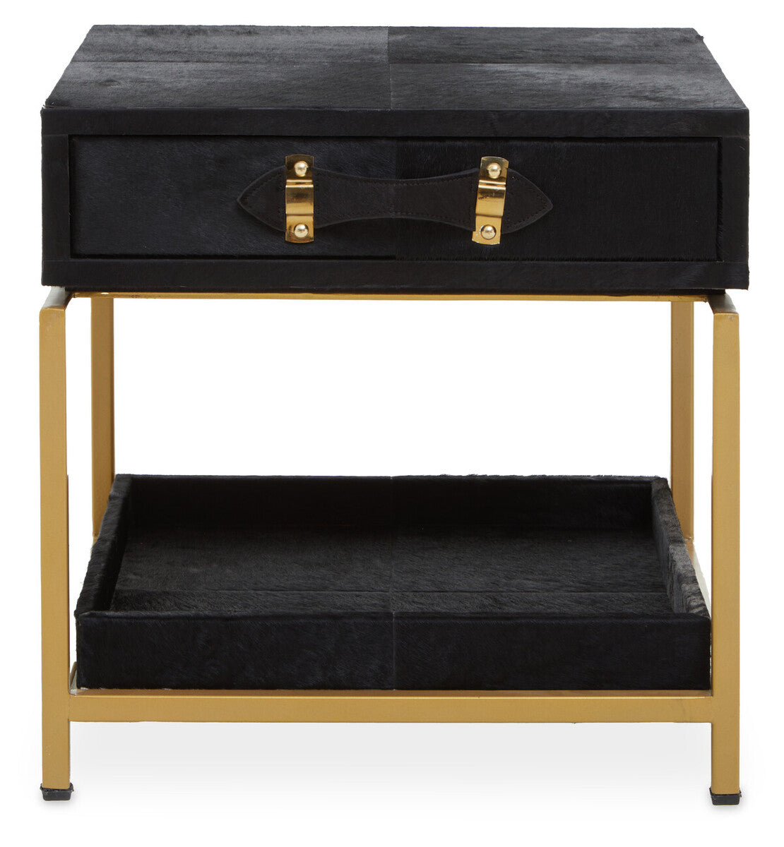 Black Hair-On-Hide Leather Bedside Table with Gold Metal Frame and 1 Drawer | Kensington Townhouse