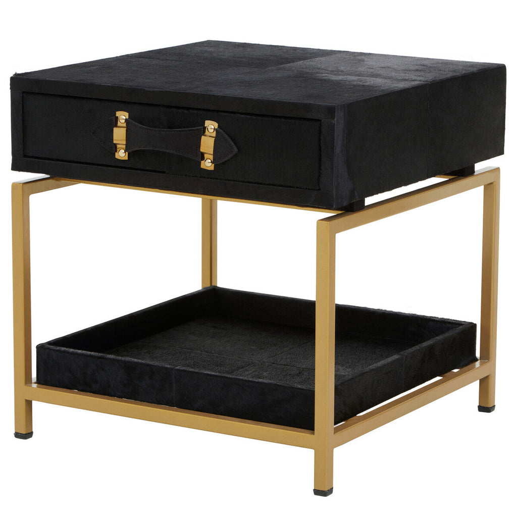 Black Hair-On-Hide Leather Bedside Table with Gold Metal Frame and 1 Drawer | Kensington Townhouse