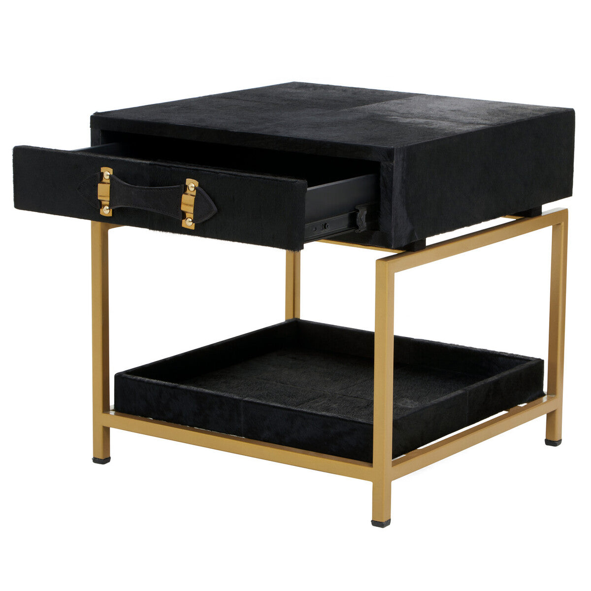 Black Hair-On-Hide Leather Bedside Table with Gold Metal Frame and 1 Drawer | Kensington Townhouse
