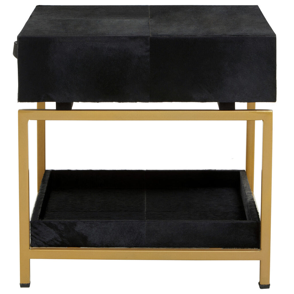 Black Hair-On-Hide Leather Bedside Table with Gold Metal Frame and 1 Drawer | Kensington Townhouse