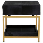 Black Hair-On-Hide Leather Bedside Table with Gold Metal Frame and 1 Drawer | Kensington Townhouse