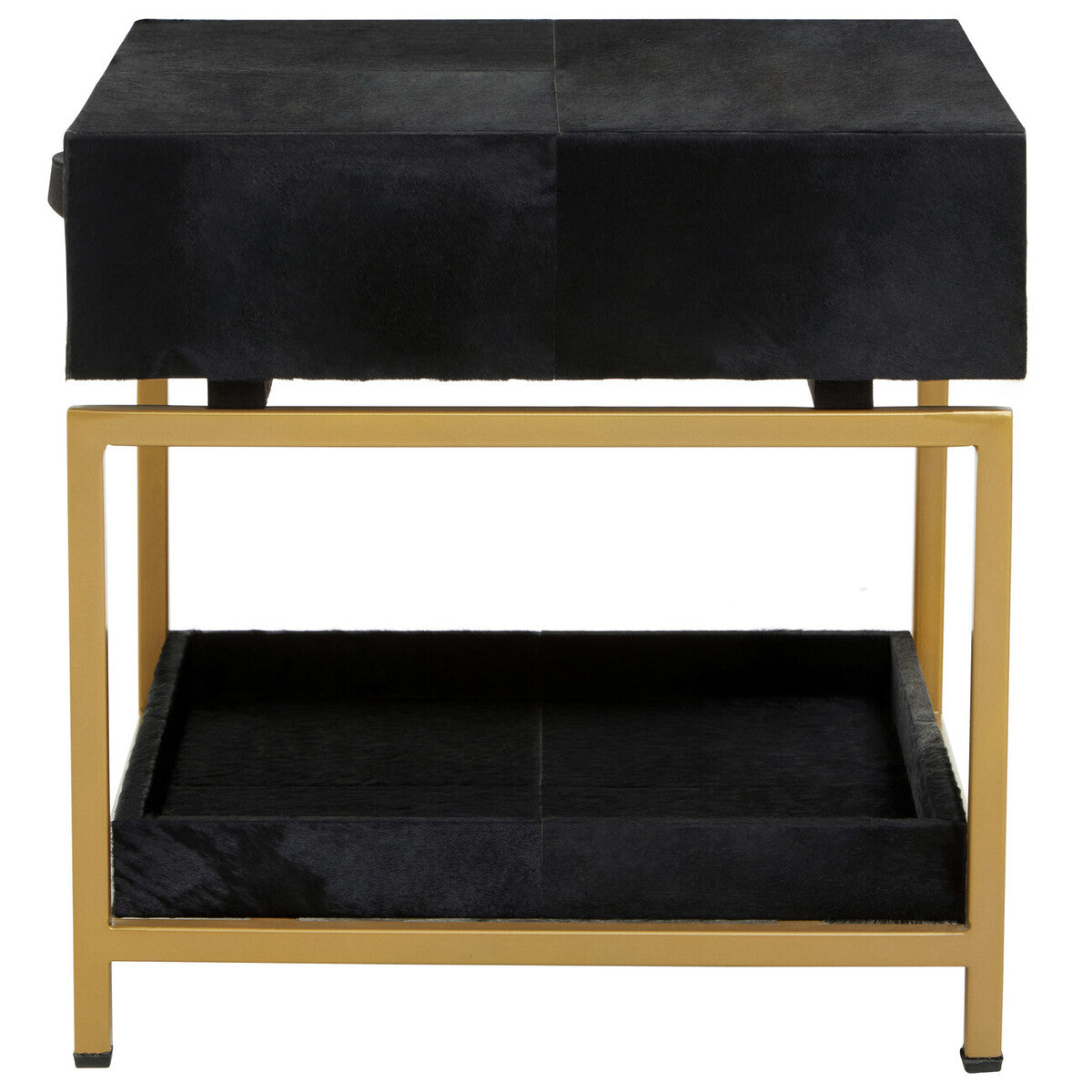Black Hair-On-Hide Leather Bedside Table with Gold Metal Frame and 1 Drawer | Kensington Townhouse