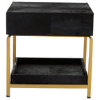 Black Hair-On-Hide Leather Bedside Table with Gold Metal Frame and 1 Drawer | Kensington Townhouse