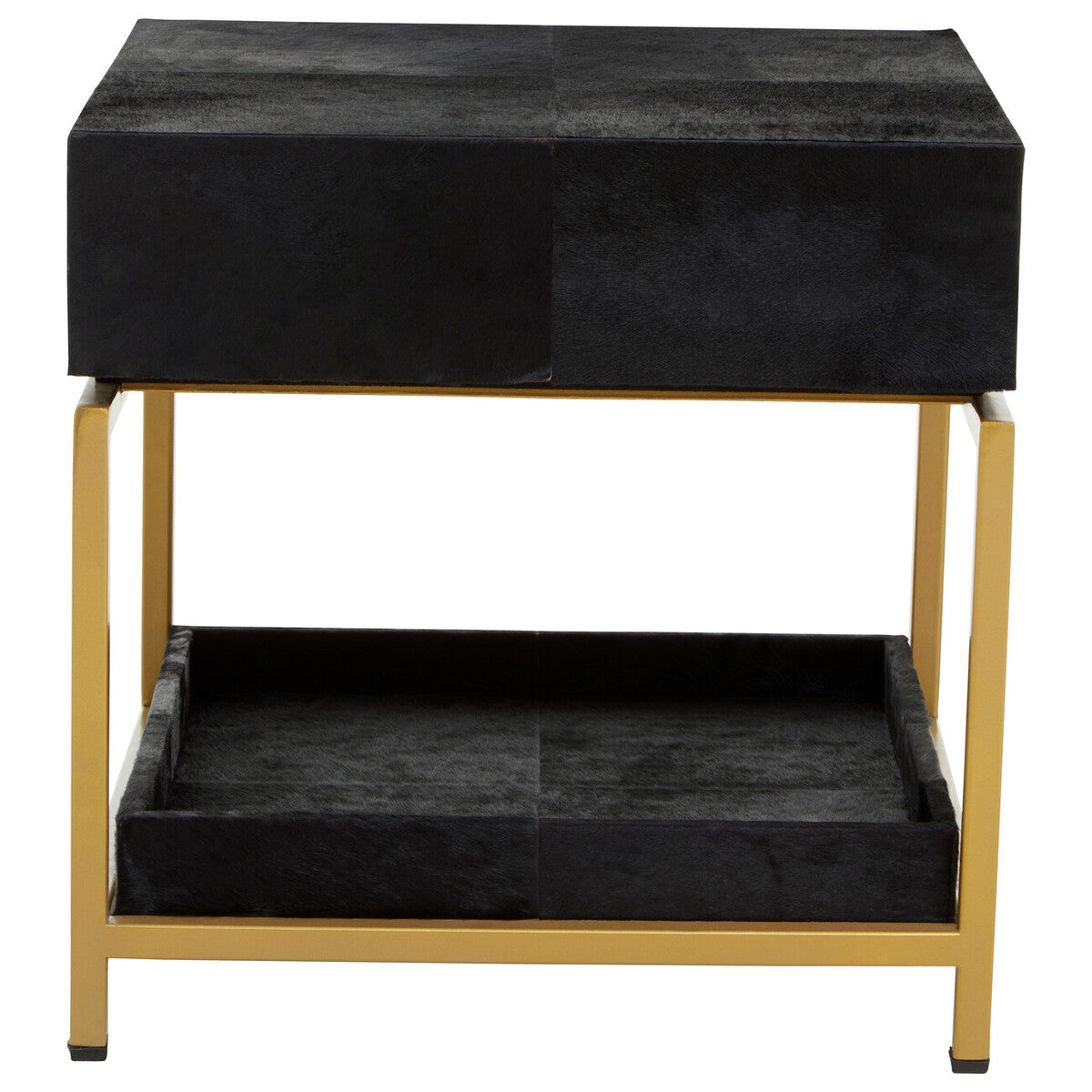 Black Hair-On-Hide Leather Bedside Table with Gold Metal Frame and 1 Drawer | Kensington Townhouse