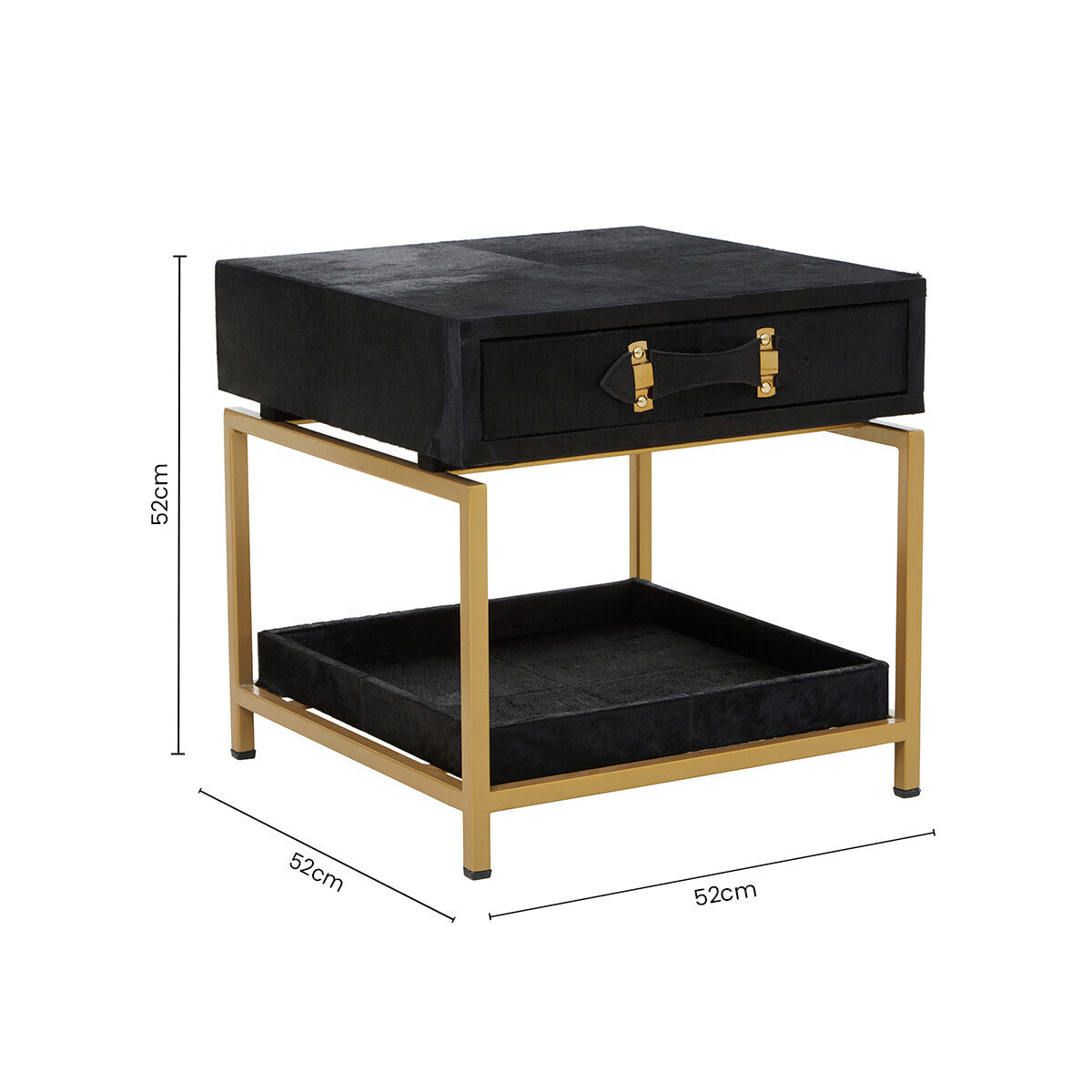 Black Hair-On-Hide Leather Bedside Table with Gold Metal Frame and 1 Drawer | Kensington Townhouse