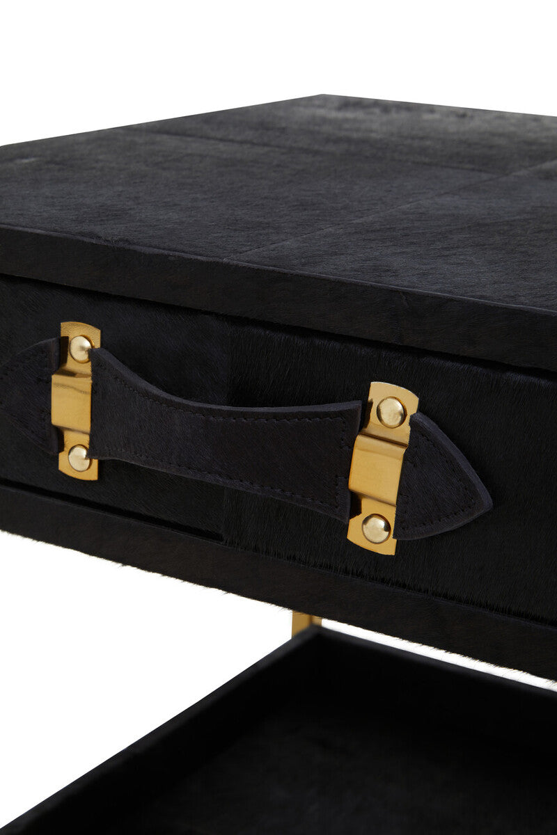 Black Hair-On-Hide Leather Bedside Table with Gold Metal Frame and 1 Drawer | Kensington Townhouse