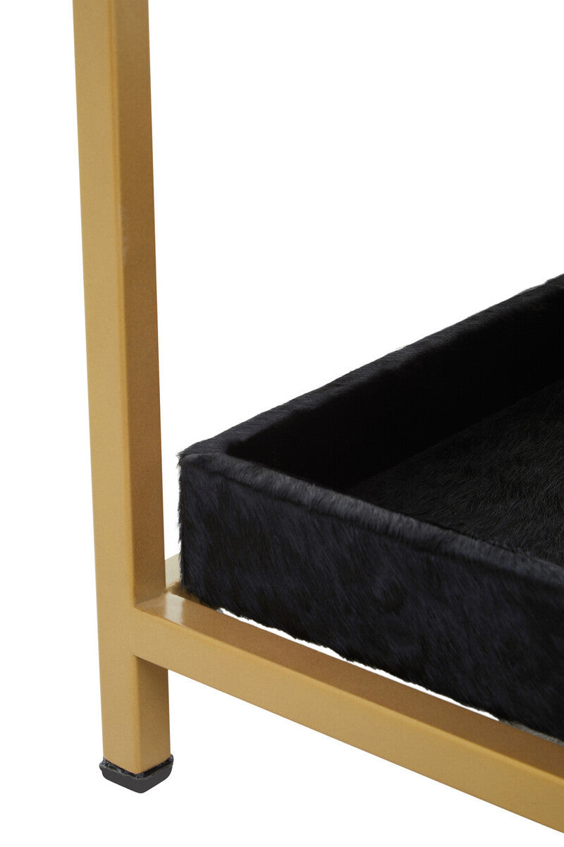 Black Hair-On-Hide Leather Bedside Table with Gold Metal Frame and 1 Drawer | Kensington Townhouse