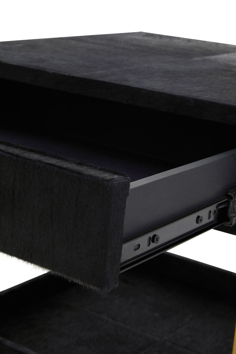 Black Hair-On-Hide Leather Bedside Table with Gold Metal Frame and 1 Drawer | Kensington Townhouse