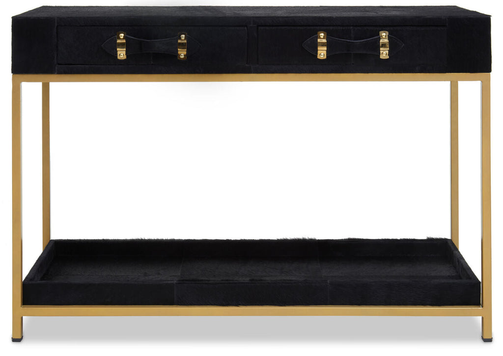 Black Hair-On-Leather 2-Drawer Console Table with Gold-Finished Metal Frame, Kensington Townhouse