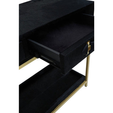 Black Hair-On-Leather 2-Drawer Console Table with Gold-Finished Metal Frame, Kensington Townhouse